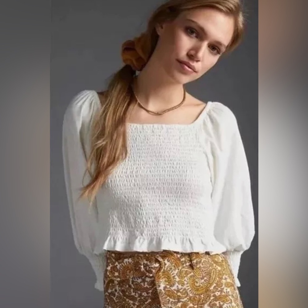 Anthropologie Pilcro Ginny Smocked Crop Top White 100% Cotton XL